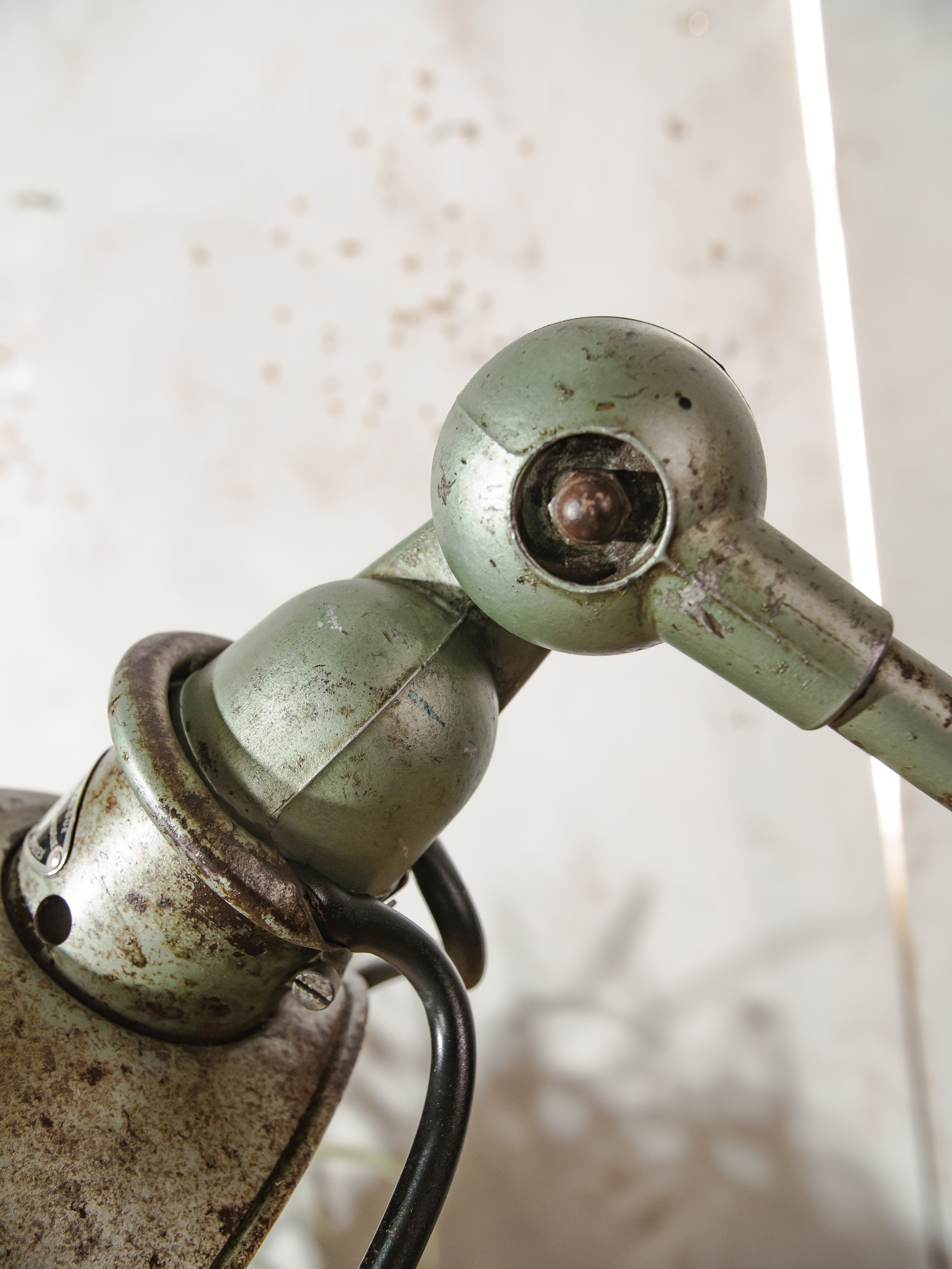 1950s Jieldé Vespa Green 2 Arm French Workshop Lamp on Brake disc, Jielde light, Vintage Designer Desk Lamp made by Jean Louis Domecq