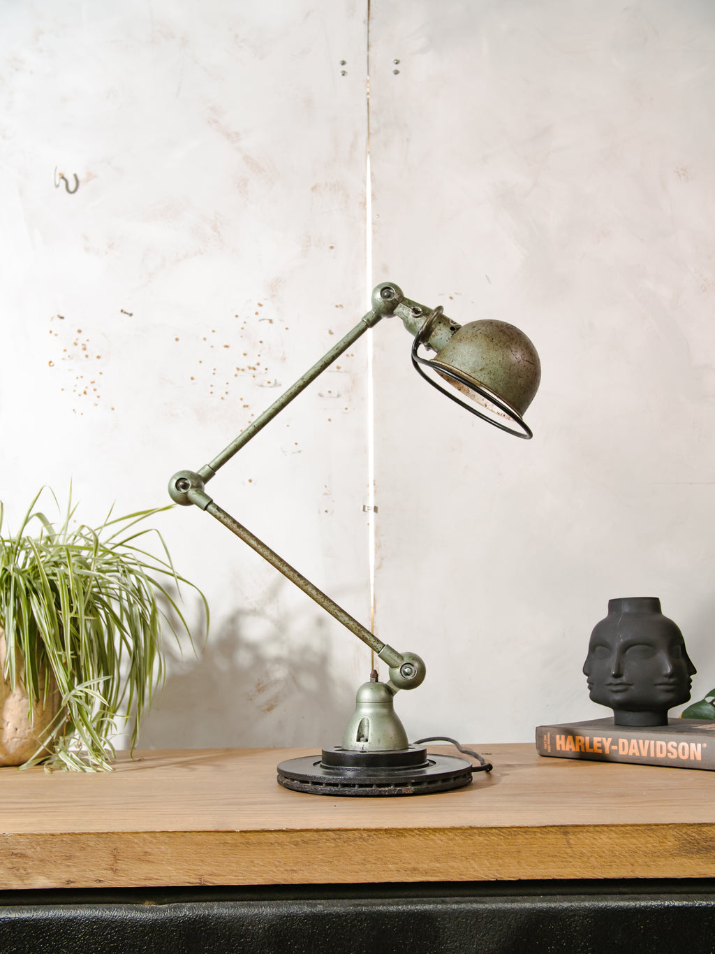 1950s Jieldé Vespa Green 2 Arm French Workshop Lamp on Brake disc, Jielde light, Vintage Designer Desk Lamp made by Jean Louis Domecq