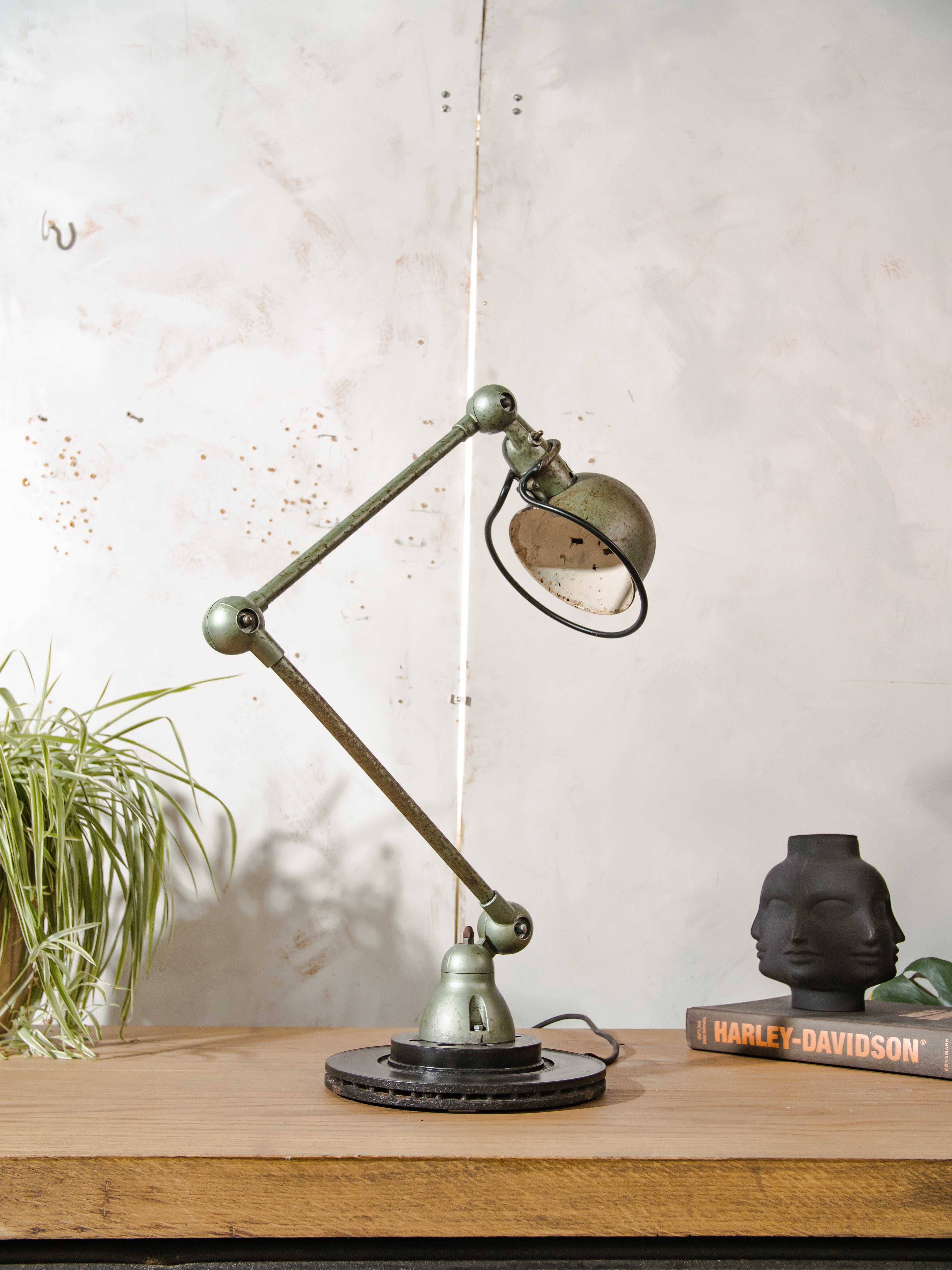 1950s Jieldé Vespa Green 2 Arm French Workshop Lamp on Brake disc, Jielde light, Vintage Designer Desk Lamp made by Jean Louis Domecq