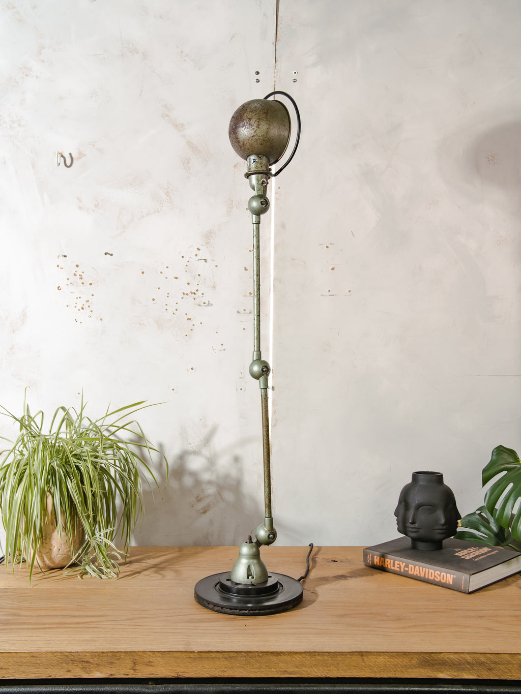 1950s Jieldé Vespa Green 2 Arm French Workshop Lamp on Brake disc, Jielde light, Vintage Designer Desk Lamp made by Jean Louis Domecq