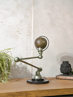 1950s Jieldé Vespa Green 2 Arm French Workshop Lamp on Brake disc, Jielde light, Vintage Designer Desk Lamp made by Jean Louis Domecq