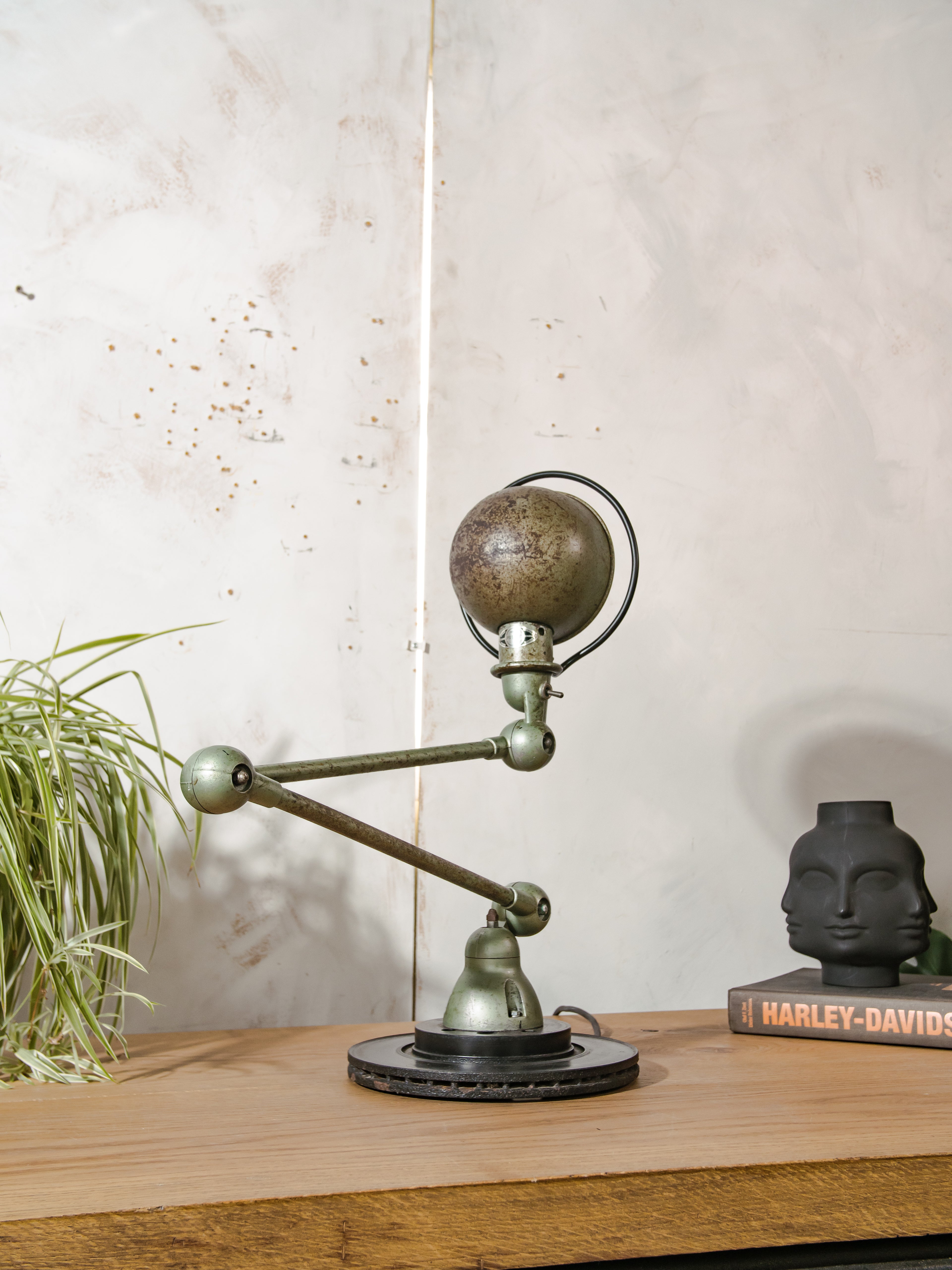 1950s Jieldé Vespa Green 2 Arm French Workshop Lamp on Brake disc, Jielde light, Vintage Designer Desk Lamp made by Jean Louis Domecq