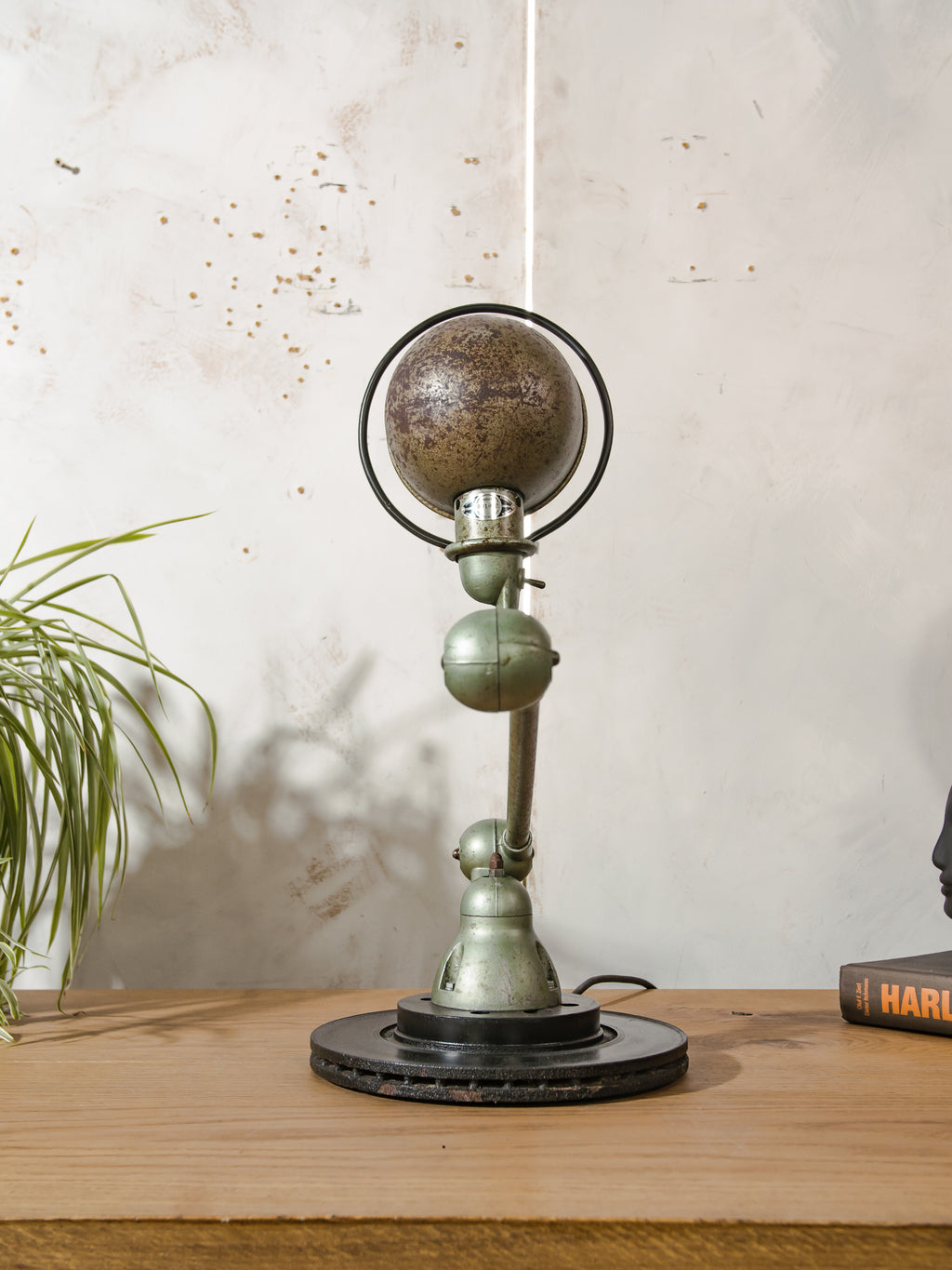 1950s Jieldé Vespa Green 2 Arm French Workshop Lamp on Brake disc, Jielde light, Vintage Designer Desk Lamp made by Jean Louis Domecq
