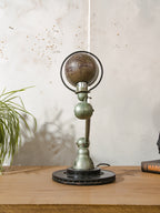 1950s Jieldé Vespa Green 2 Arm French Workshop Lamp on Brake disc, Jielde light, Vintage Designer Desk Lamp made by Jean Louis Domecq