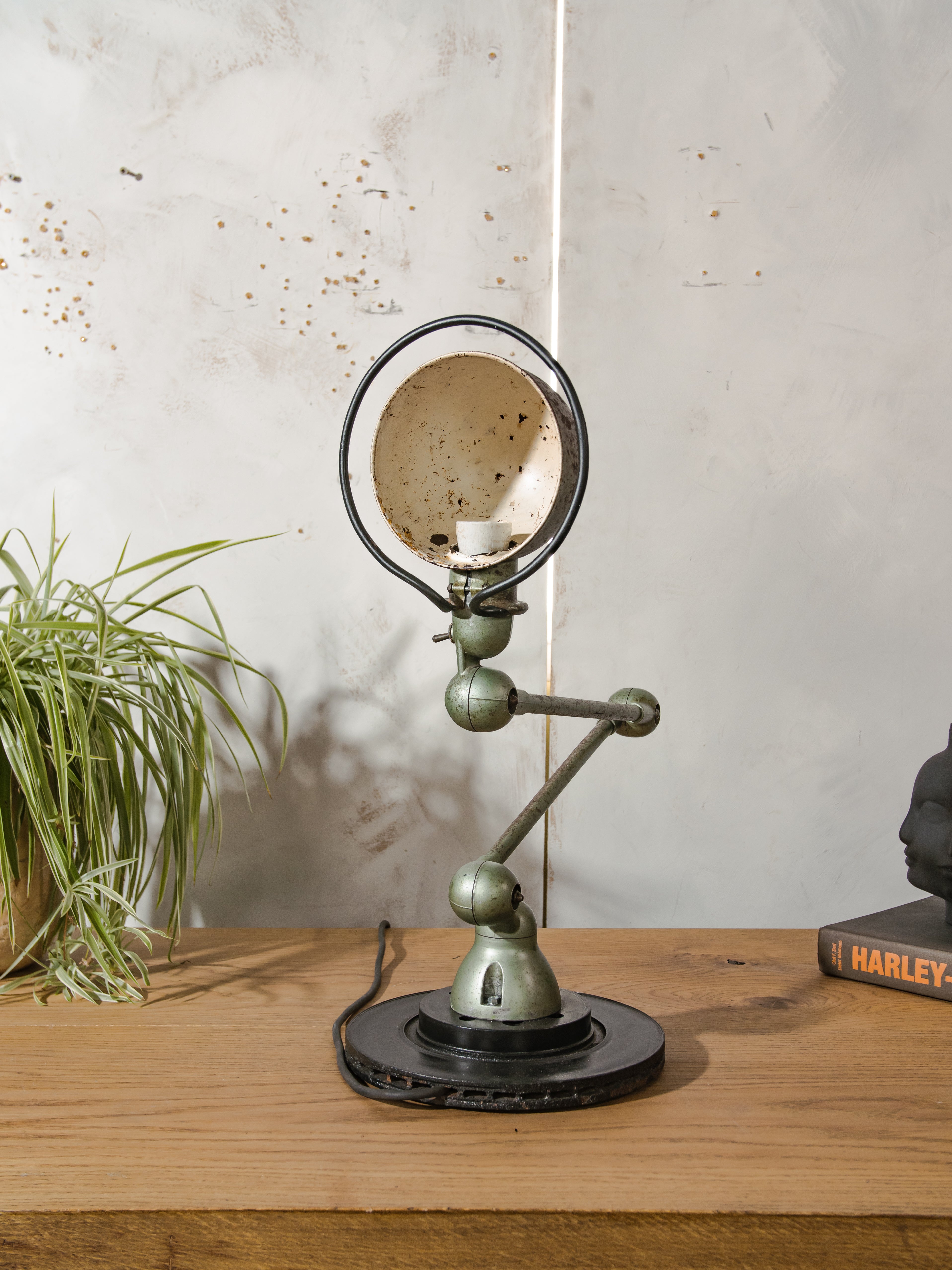 1950s Jieldé Vespa Green 2 Arm French Workshop Lamp on Brake disc, Jielde light, Vintage Designer Desk Lamp made by Jean Louis Domecq