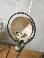 1950s Jieldé Vespa Green 2 Arm French Workshop Lamp on Brake disc, Jielde light, Vintage Designer Desk Lamp made by Jean Louis Domecq