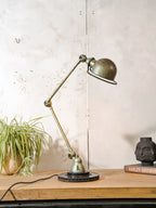 1950s Jieldé Vespa Green 2 Arm French Workshop Lamp on Brake disc, Jielde light, Vintage Designer Desk Lamp made by Jean Louis Domecq