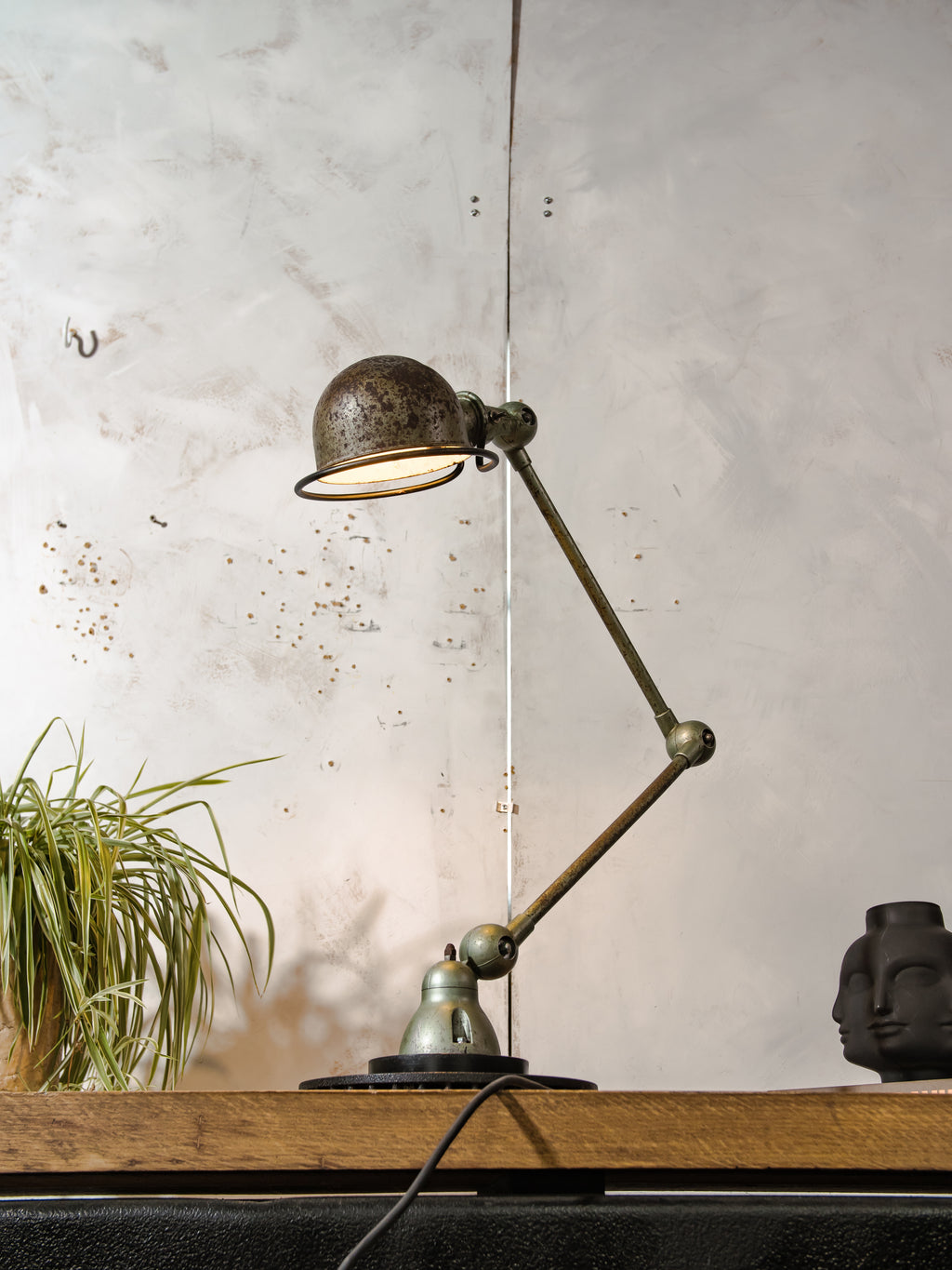1950s Jieldé Vespa Green 2 Arm French Workshop Lamp on Brake disc, Jielde light, Vintage Designer Desk Lamp made by Jean Louis Domecq