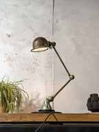 1950s Jieldé Vespa Green 2 Arm French Workshop Lamp on Brake disc, Jielde light, Vintage Designer Desk Lamp made by Jean Louis Domecq