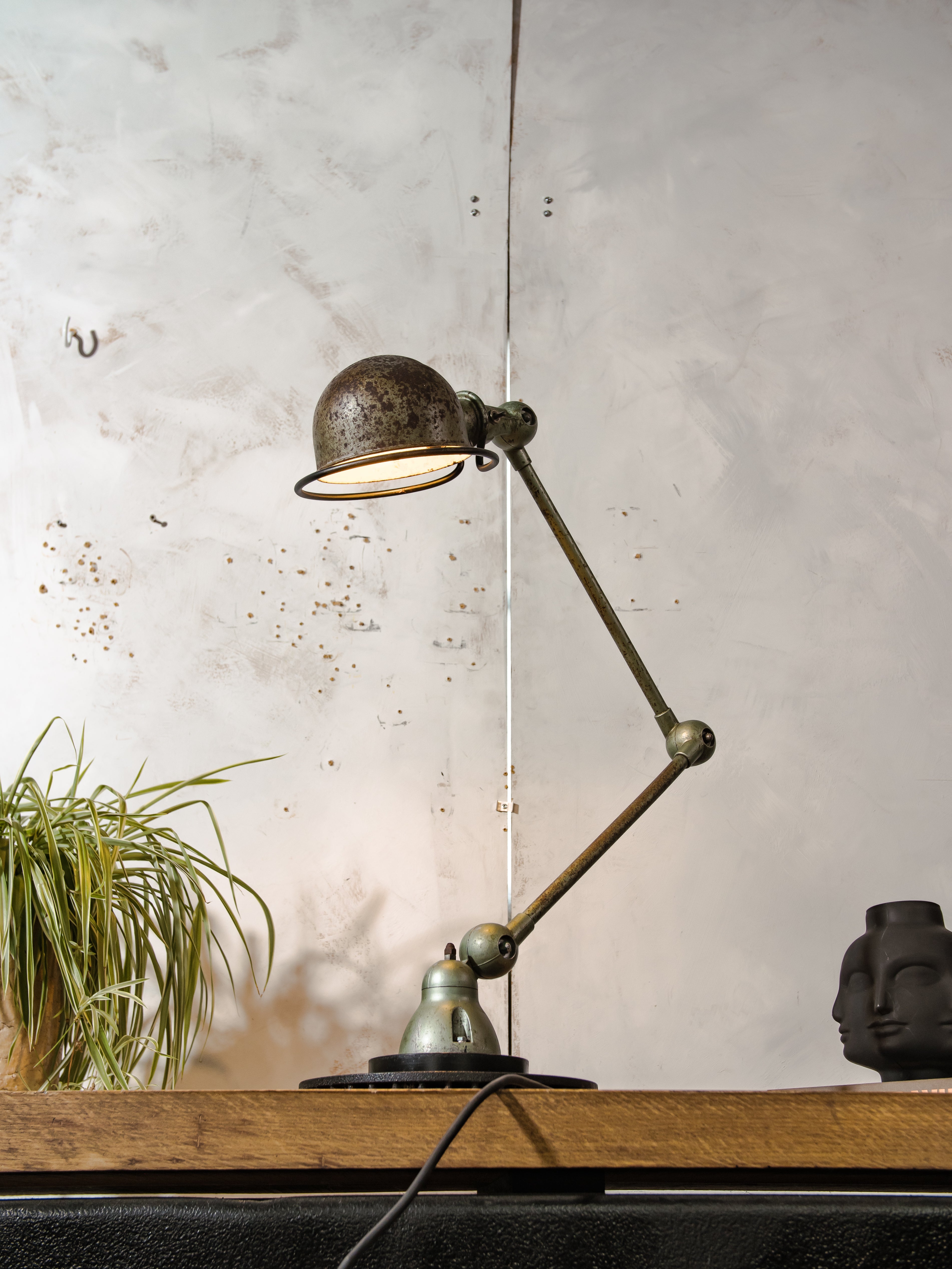 1950s Jieldé Vespa Green 2 Arm French Workshop Lamp on Brake disc, Jielde light, Vintage Designer Desk Lamp made by Jean Louis Domecq
