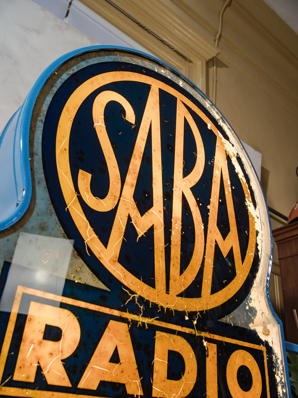 Uiterst zeldzaam dubbelzijdig verlicht reclamebord van SABA Radio uit de jaren 30 – Art Deco Duitse radio reclame lichtbak Emaille & glas bedekt- Museumkwaliteit