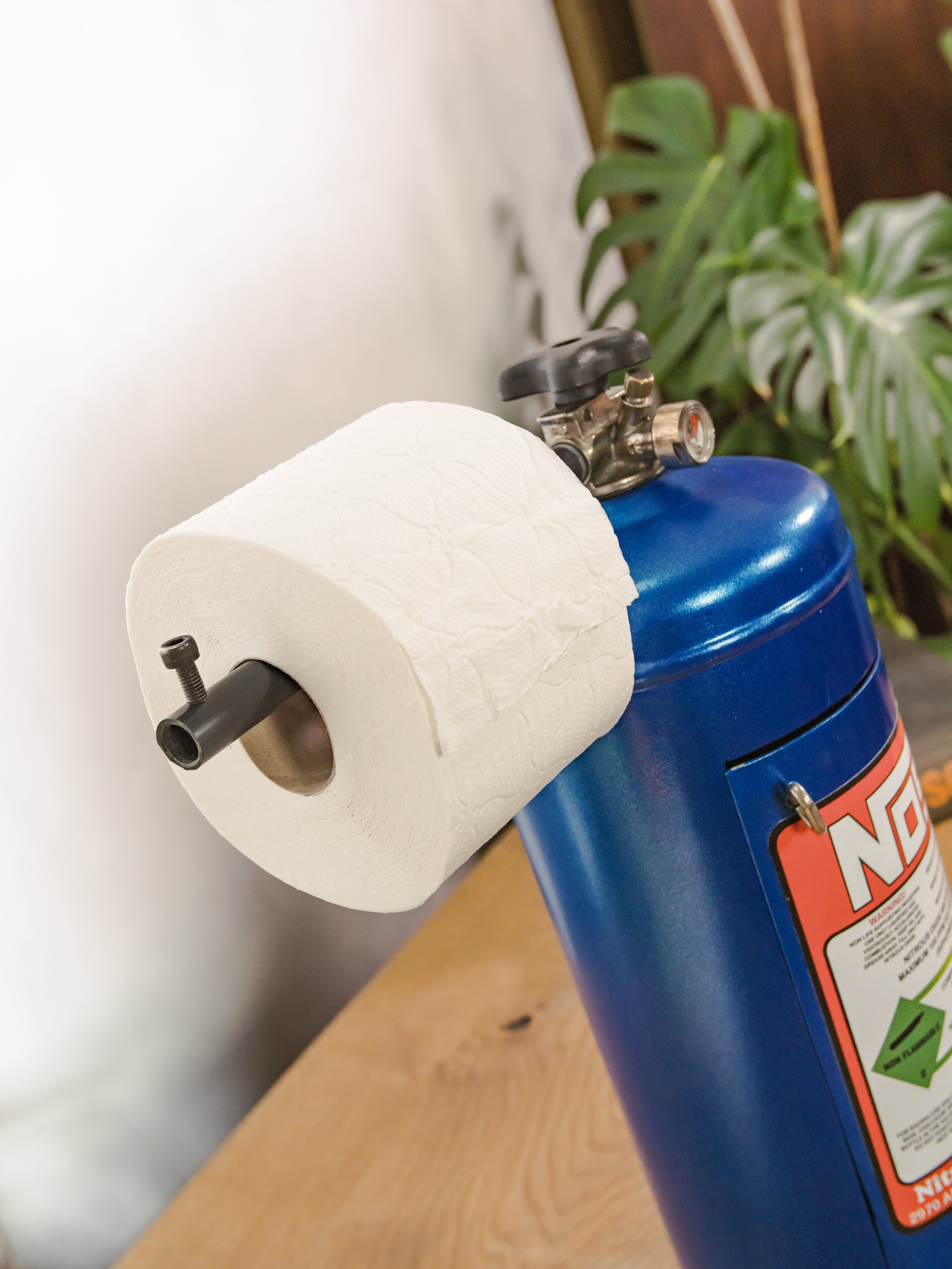 NOS Nitrous Oxide Toilet Paper Holder, Upcycled Fire Extinguisher, Automotive Garage Bathroom Toilet Decor