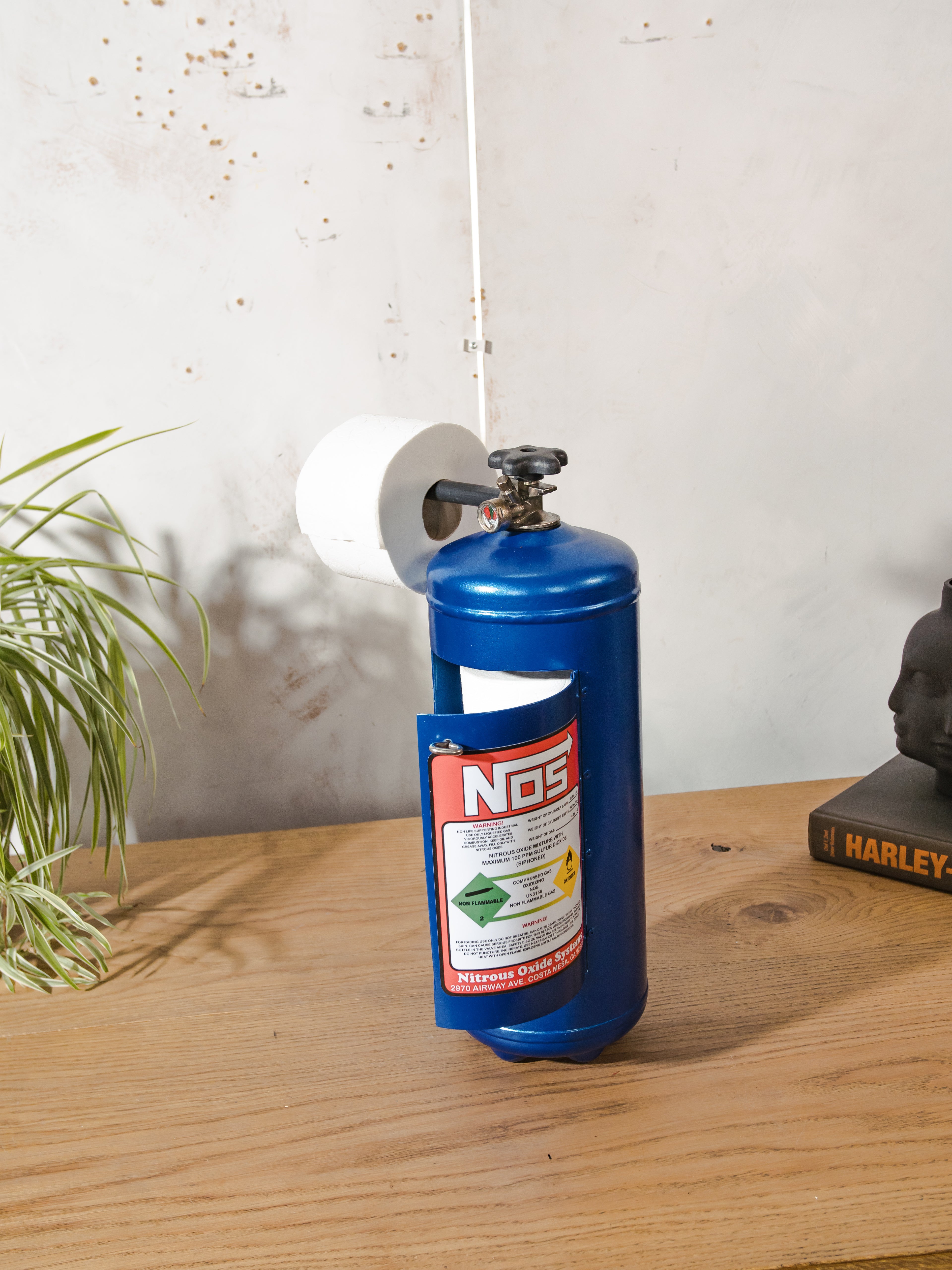 NOS Nitrous Oxide Toilet Paper Holder, Upcycled Fire Extinguisher, Automotive Garage Bathroom Toilet Decor