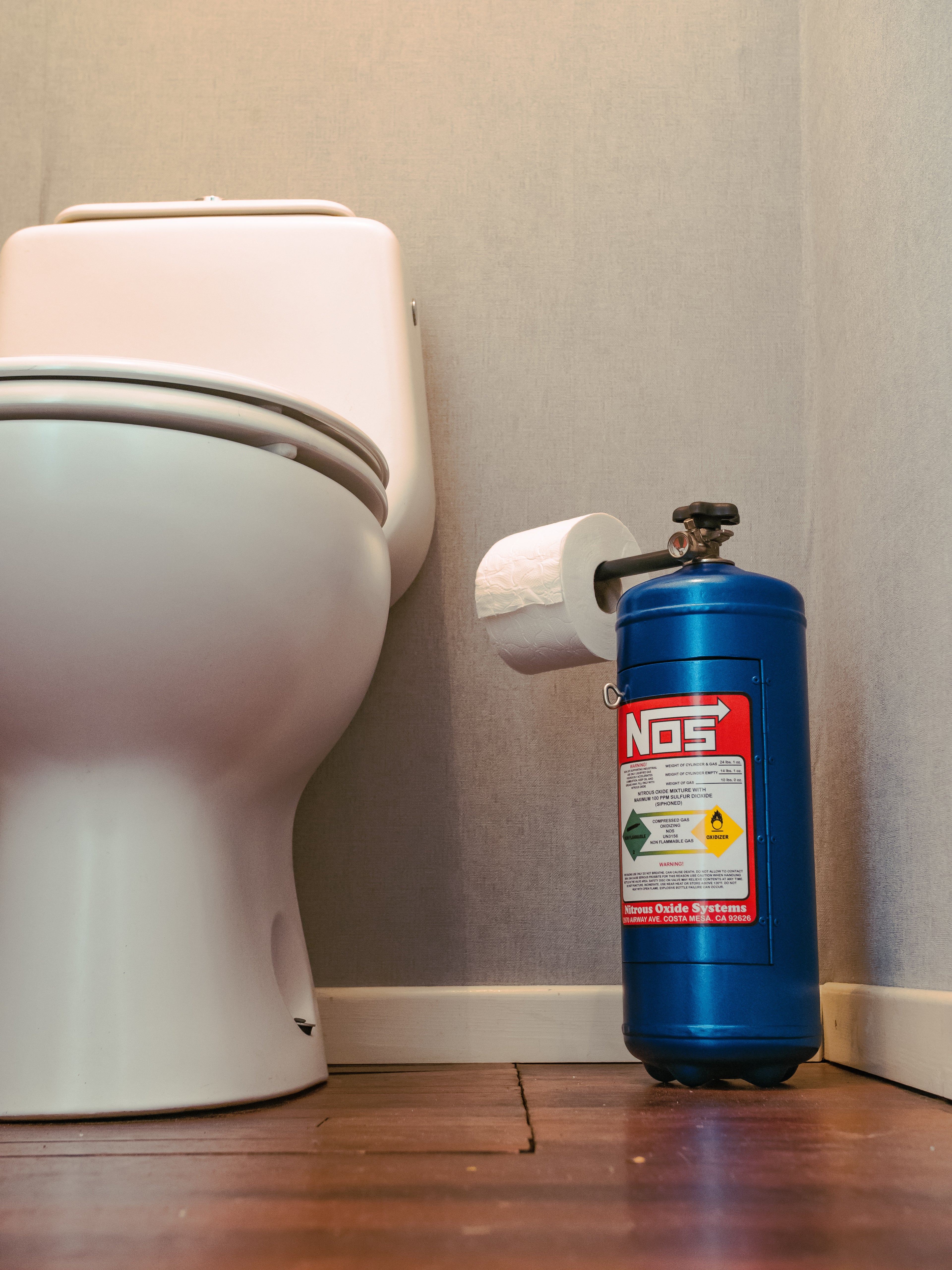 NOS Nitrous Oxide Toilet Paper Holder, Upcycled Fire Extinguisher, Automotive Garage Bathroom Toilet Decor