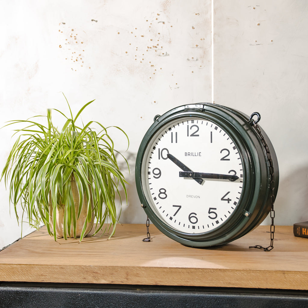 Large Vintage Brillié Drevon Double Sided Station Clock, 48cm French Railway Clock, Industrial Green Clock, Original 30 sec Pulse Movement