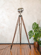 1950s Polished Strand Electric Patt 123 Theater Spotlight Floor Lamp, Surveying Tripod Stage Light, Film loft lighting