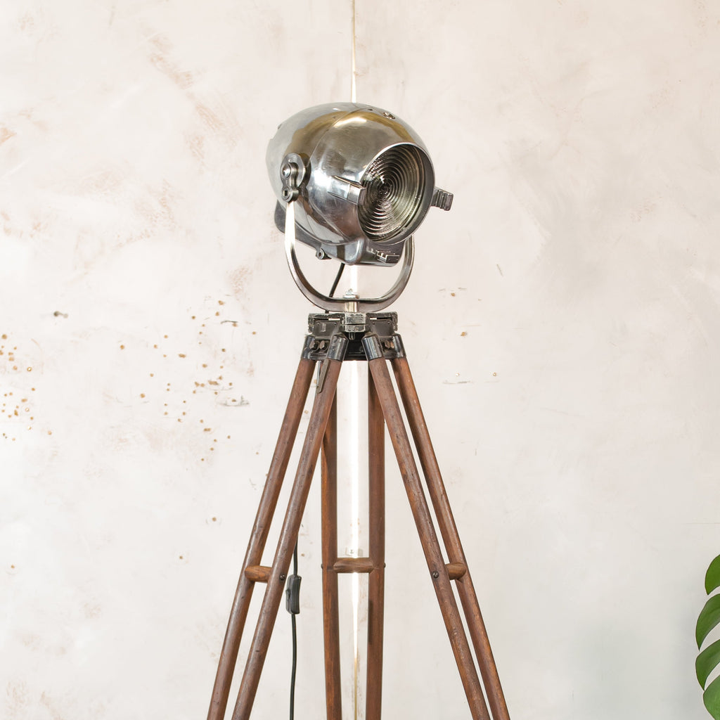 1950s Polished Strand Electric Patt 123 Theater Spotlight Floor Lamp, Surveying Tripod Stage Light, Film loft lighting