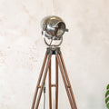 1950s Polished Strand Electric Patt 123 Theater Spotlight Floor Lamp, Surveying Tripod Stage Light, Film loft lighting