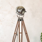 1950s Polished Strand Electric Patt 123 Theater Spotlight Floor Lamp, Surveying Tripod Stage Light, Film loft lighting