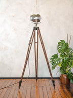 1950s Polished Strand Electric Patt 123 Theater Spotlight Floor Lamp, Surveying Tripod Stage Light, Film loft lighting