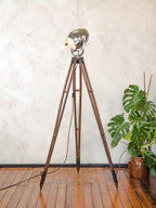 1950s Polished Strand Electric Patt 123 Theater Spotlight Floor Lamp, Surveying Tripod Stage Light, Film loft lighting