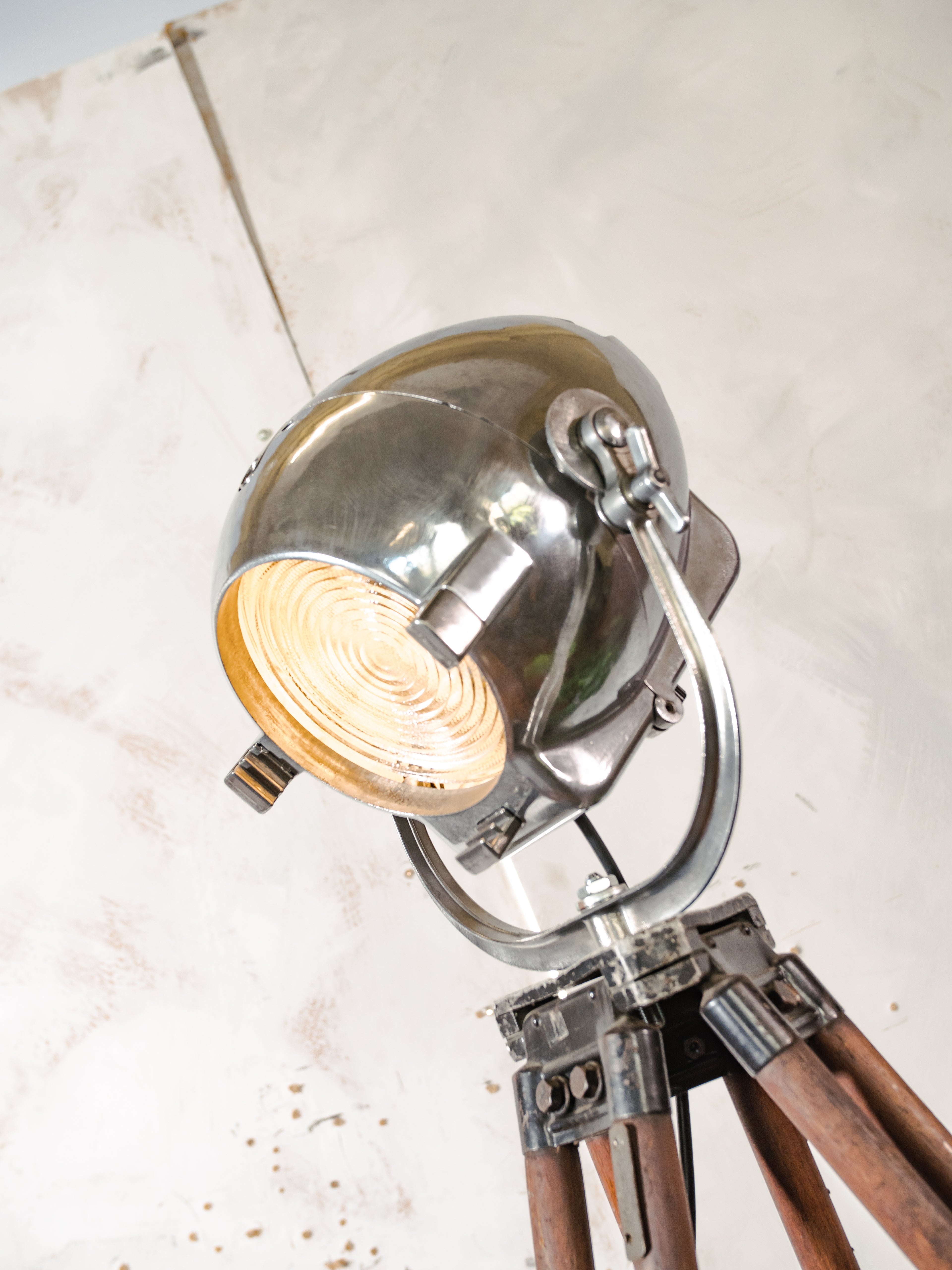 1950s Polished Strand Electric Patt 123 Theater Spotlight Floor Lamp, Surveying Tripod Stage Light, Film loft lighting