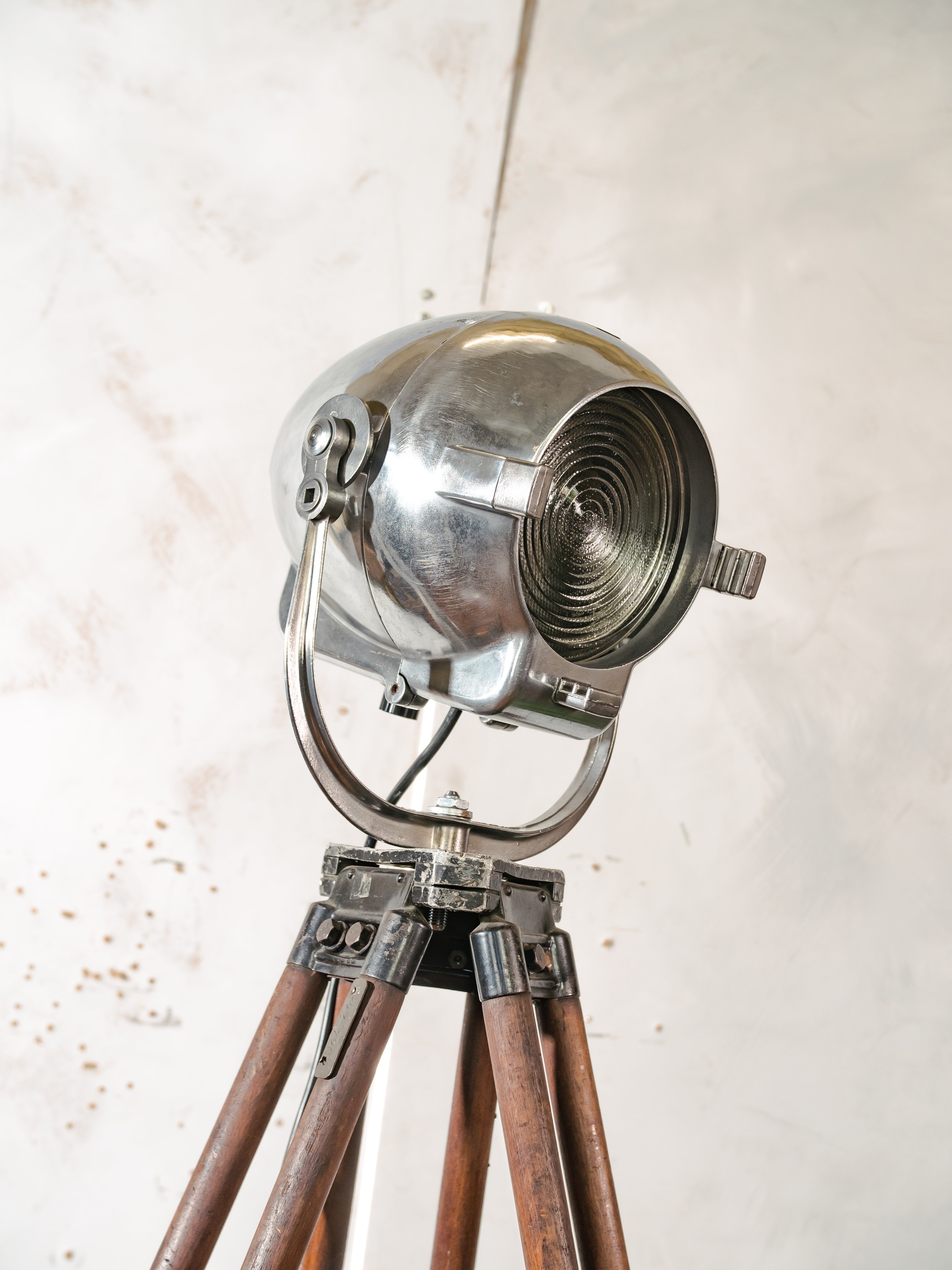 1950s Polished Strand Electric Patt 123 Theater Spotlight Floor Lamp, Surveying Tripod Stage Light, Film loft lighting