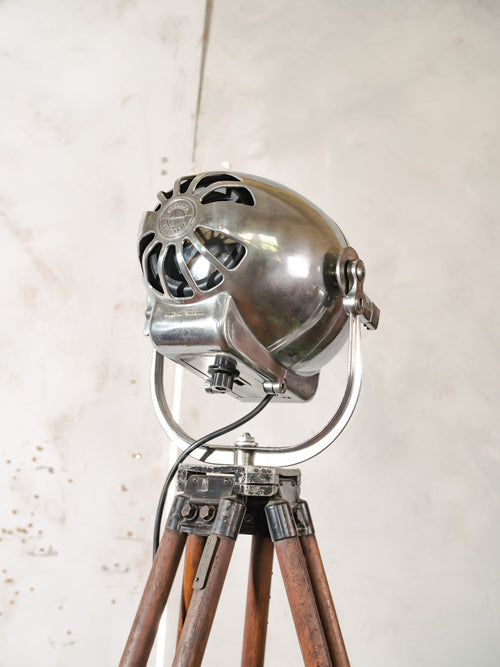 1950s Polished Strand Electric Patt 123 Theater Spotlight Floor Lamp, Surveying Tripod Stage Light, Film loft lighting