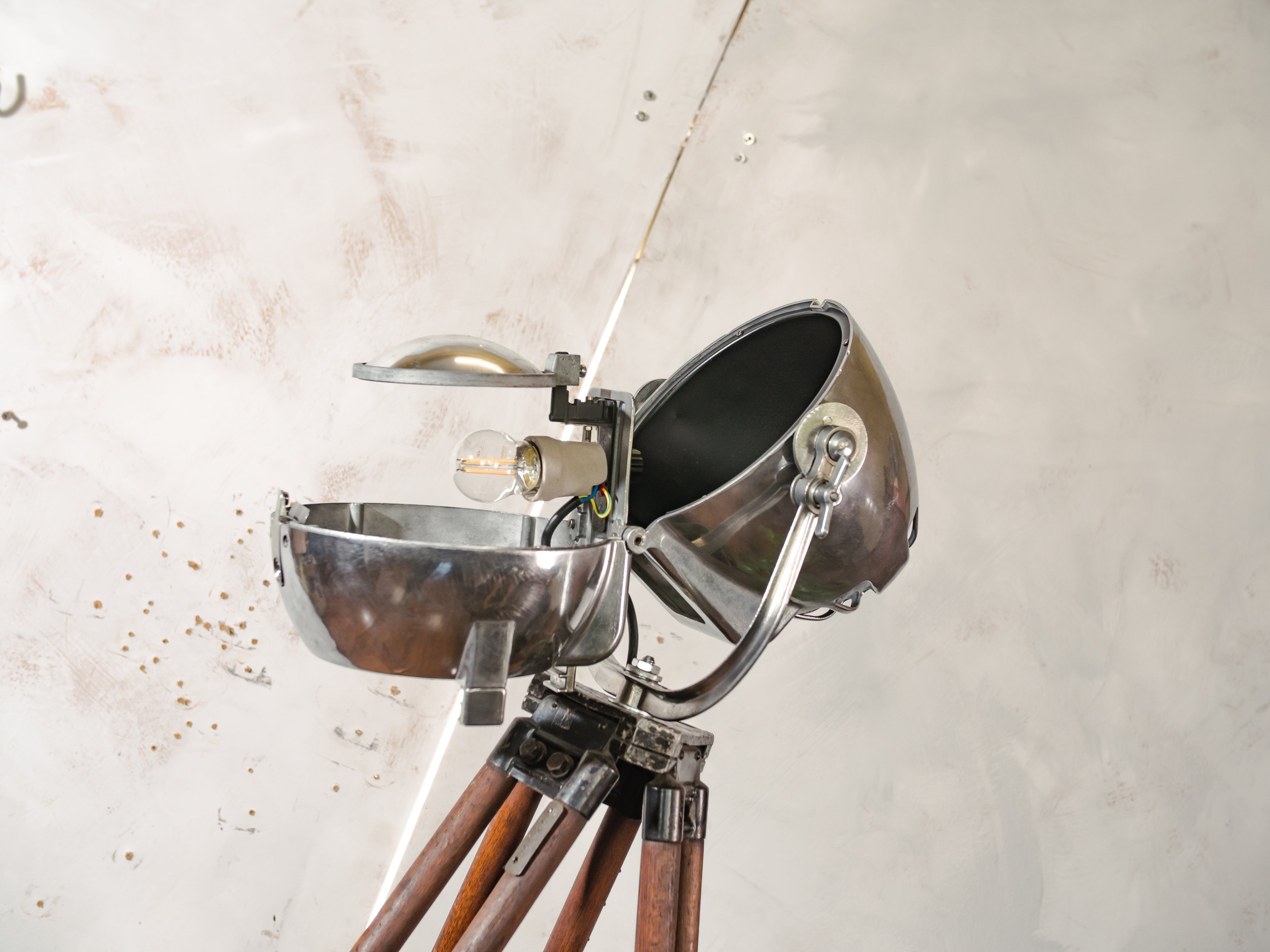 1950s Polished Strand Electric Patt 123 Theater Spotlight Floor Lamp, Surveying Tripod Stage Light, Film loft lighting