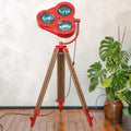 Retro Red Heraeus Hanaulux London Vintage Surgical Spotlight Floor Lamp, Upcycled Medical History on Wooden Surveying Tripod