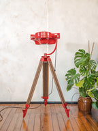 Retro Red Heraeus Hanaulux London Vintage Surgical Spotlight Floor Lamp, Upcycled Medical History on Wooden Surveying Tripod