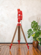 Retro Red Heraeus Hanaulux London Vintage Surgical Spotlight Floor Lamp, Upcycled Medical History on Wooden Surveying Tripod