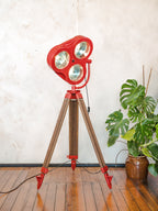 Retro Red Heraeus Hanaulux London Vintage Surgical Spotlight Floor Lamp, Upcycled Medical History on Wooden Surveying Tripod