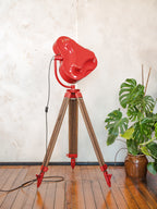Retro Red Heraeus Hanaulux London Vintage Surgical Spotlight Floor Lamp, Upcycled Medical History on Wooden Surveying Tripod