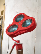 Retro Red Heraeus Hanaulux London Vintage Surgical Spotlight Floor Lamp, Upcycled Medical History on Wooden Surveying Tripod