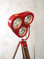 Retro Red Heraeus Hanaulux London Vintage Surgical Spotlight Floor Lamp, Upcycled Medical History on Wooden Surveying Tripod