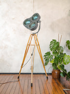 Gray anthracite Surgical Hospital Spotlight by Heraeus Hanaulux London, Designer Unique Floor Lamp, Wooden Army Crutch Tripod