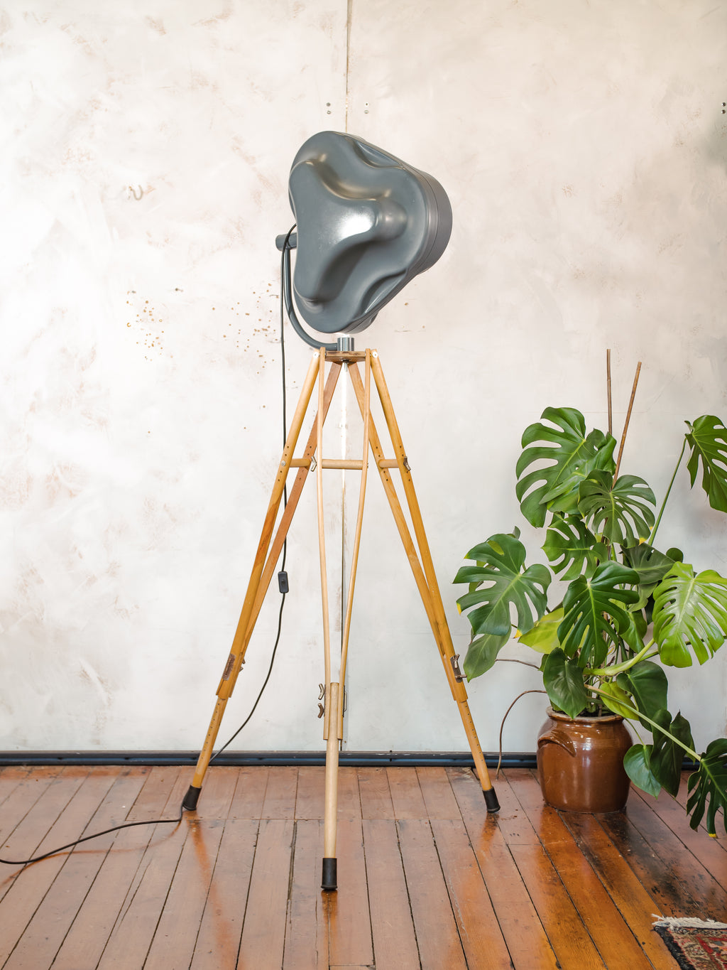 Gray anthracite Surgical Hospital Spotlight by Heraeus Hanaulux London, Designer Unique Floor Lamp, Wooden Army Crutch Tripod