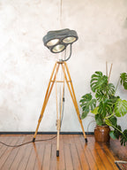 Gray anthracite Surgical Hospital Spotlight by Heraeus Hanaulux London, Designer Unique Floor Lamp, Wooden Army Crutch Tripod