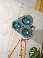 Gray anthracite Surgical Hospital Spotlight by Heraeus Hanaulux London, Designer Unique Floor Lamp, Wooden Army Crutch Tripod