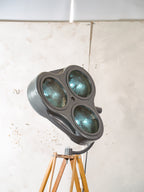 Gray anthracite Surgical Hospital Spotlight by Heraeus Hanaulux London, Designer Unique Floor Lamp, Wooden Army Crutch Tripod