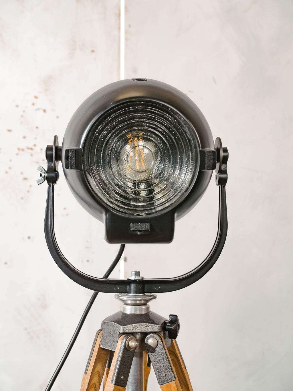 1950s Matte Black Renovated Strand Electric Patt 123 Theater Spotlight Floor Lamp, Berlebach Tripod Stage Light, Designer Loft Decor