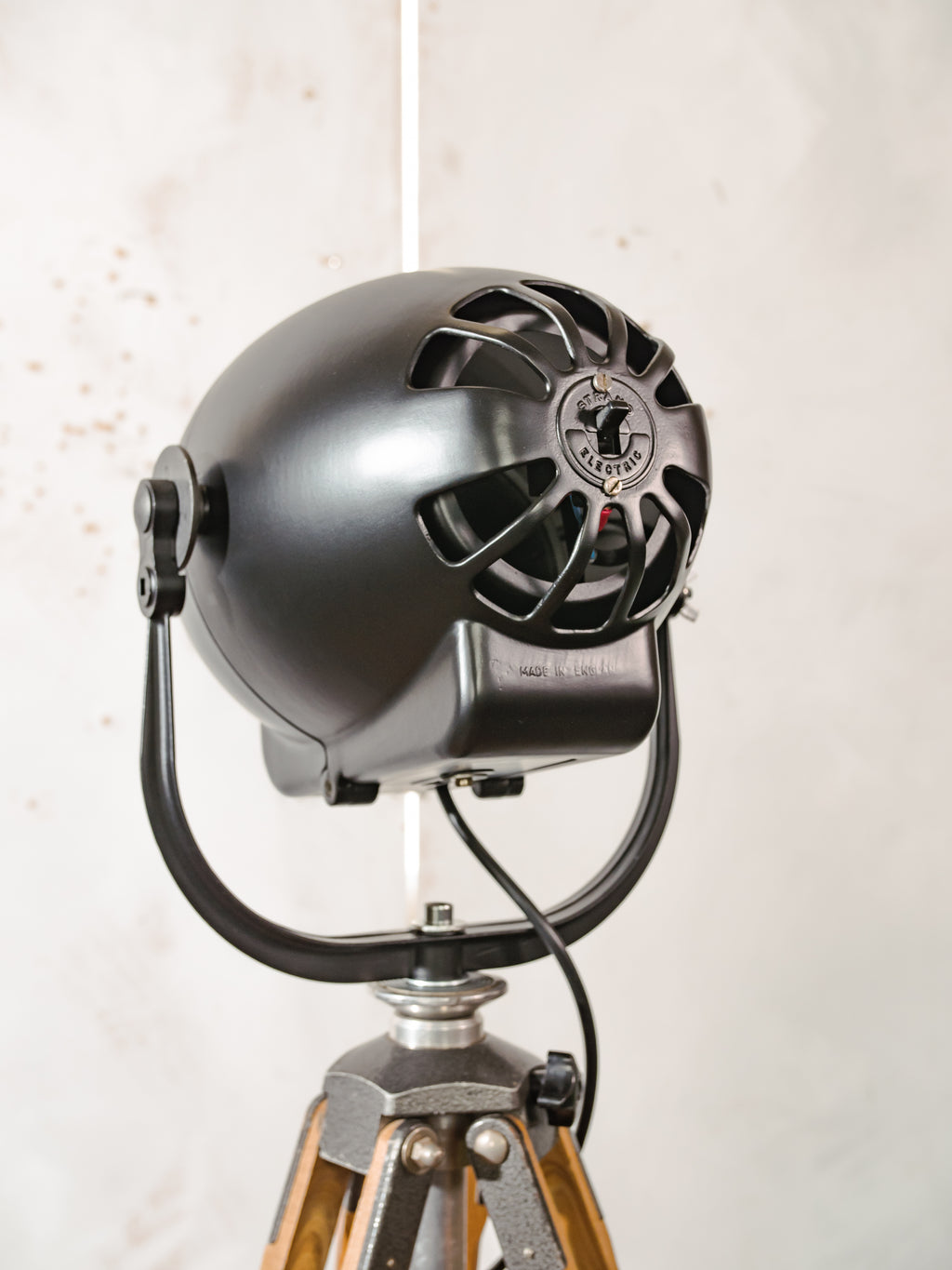 1950s Matte Black Renovated Strand Electric Patt 123 Theater Spotlight Floor Lamp, Berlebach Tripod Stage Light, Designer Loft Decor