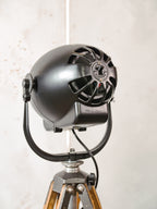 1950s Matte Black Renovated Strand Electric Patt 123 Theater Spotlight Floor Lamp, Berlebach Tripod Stage Light, Designer Loft Decor