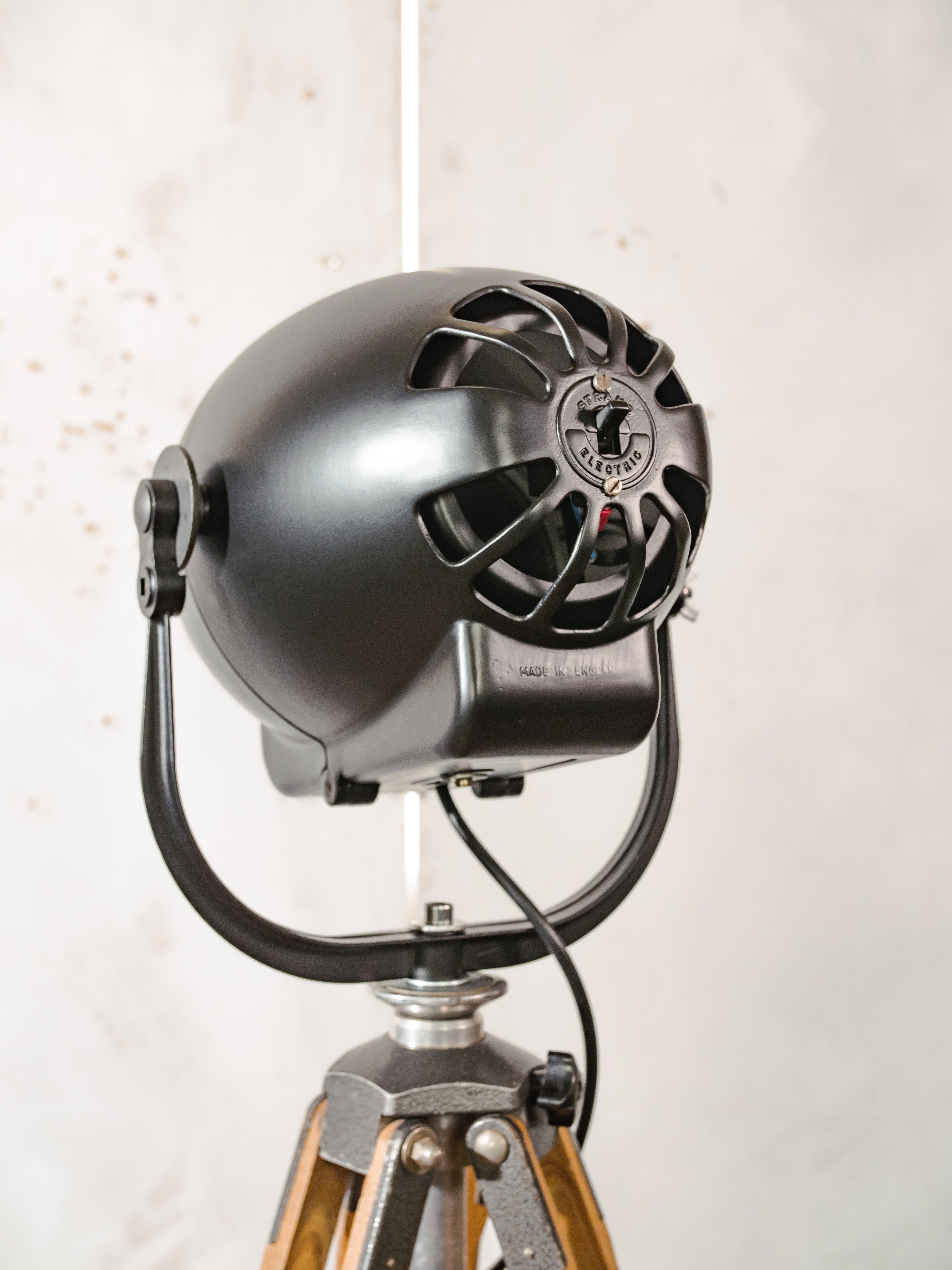 1950s Matte Black Renovated Strand Electric Patt 123 Theater Spotlight Floor Lamp, Berlebach Tripod Stage Light, Designer Loft Decor