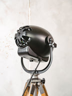 1950s Matte Black Renovated Strand Electric Patt 123 Theater Spotlight Floor Lamp, Berlebach Tripod Stage Light, Designer Loft Decor