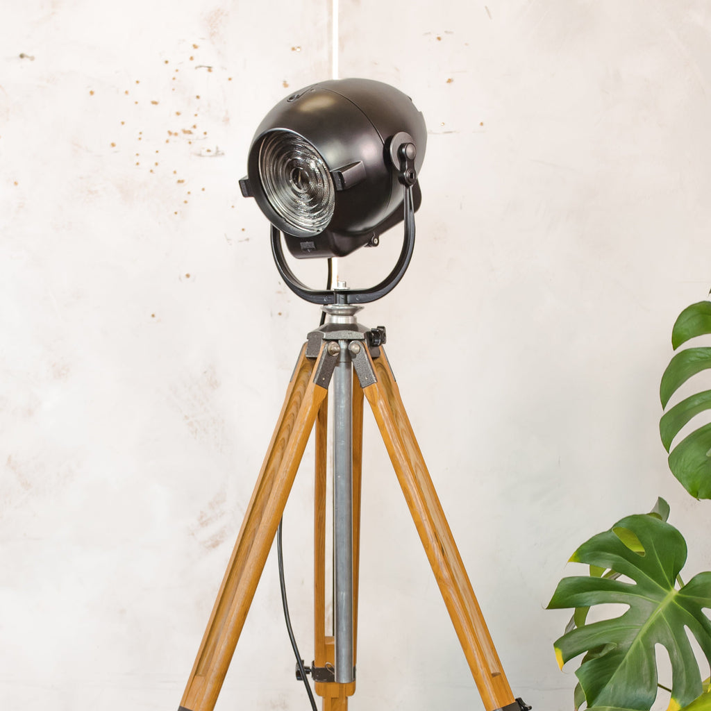1950s Matte Black Renovated Strand Electric Patt 123 Theater Spotlight Floor Lamp, Berlebach Tripod Stage Light, Designer Loft Decor