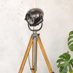 1950s Matte Black Renovated Strand Electric Patt 123 Theater Spotlight Floor Lamp, Berlebach Tripod Stage Light, Designer Loft Decor