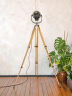 1950s Matte Black Renovated Strand Electric Patt 123 Theater Spotlight Floor Lamp, Berlebach Tripod Stage Light, Designer Loft Decor