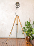 1950s Matte Black Renovated Strand Electric Patt 123 Theater Spotlight Floor Lamp, Berlebach Tripod Stage Light, Designer Loft Decor
